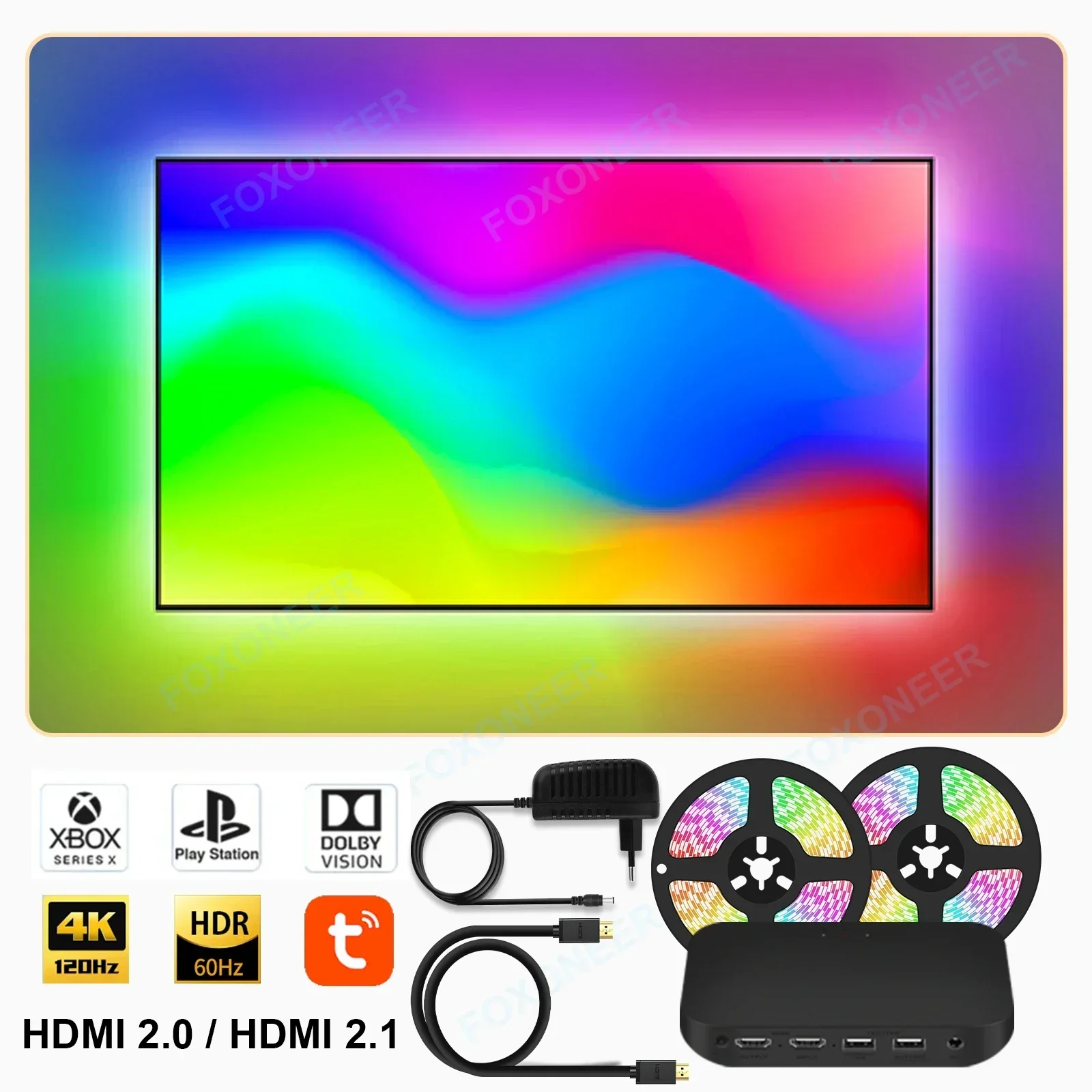 US.EU Smart Ambient TV Led Backlight For 4K HDMI 2.1 Device Sync Box Led Strip Lights Kit Wifi Alexa Voice Google Assistant Cont