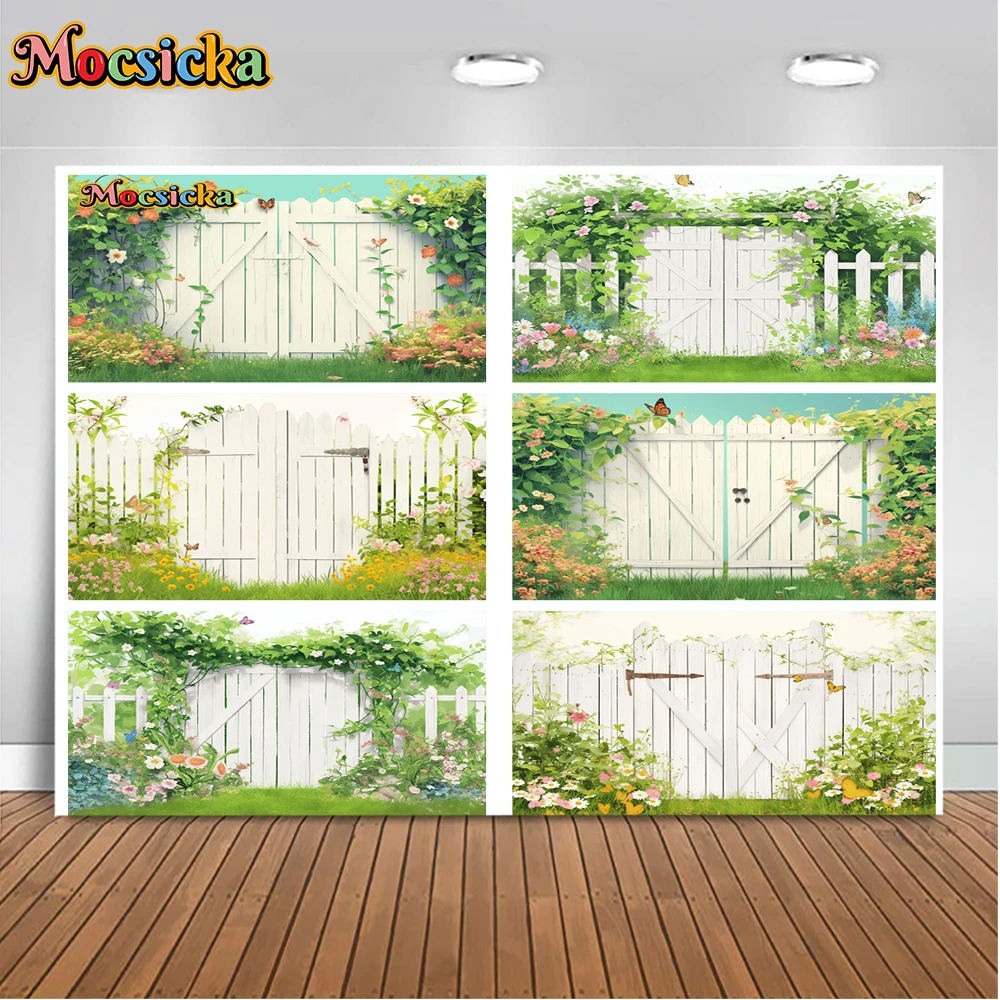 

Mocsicka Summer Baby Shower Photography Backgrounds Garden Fence Gate Holiday Party Children Portrait Photo Backdrops Studio