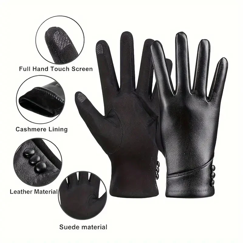 1 Pair Winter Warm Outdoor Sports Cycling Leather Gloves For Men Women Touch Screen Wool Lined Windproof Riding Driving Gloves