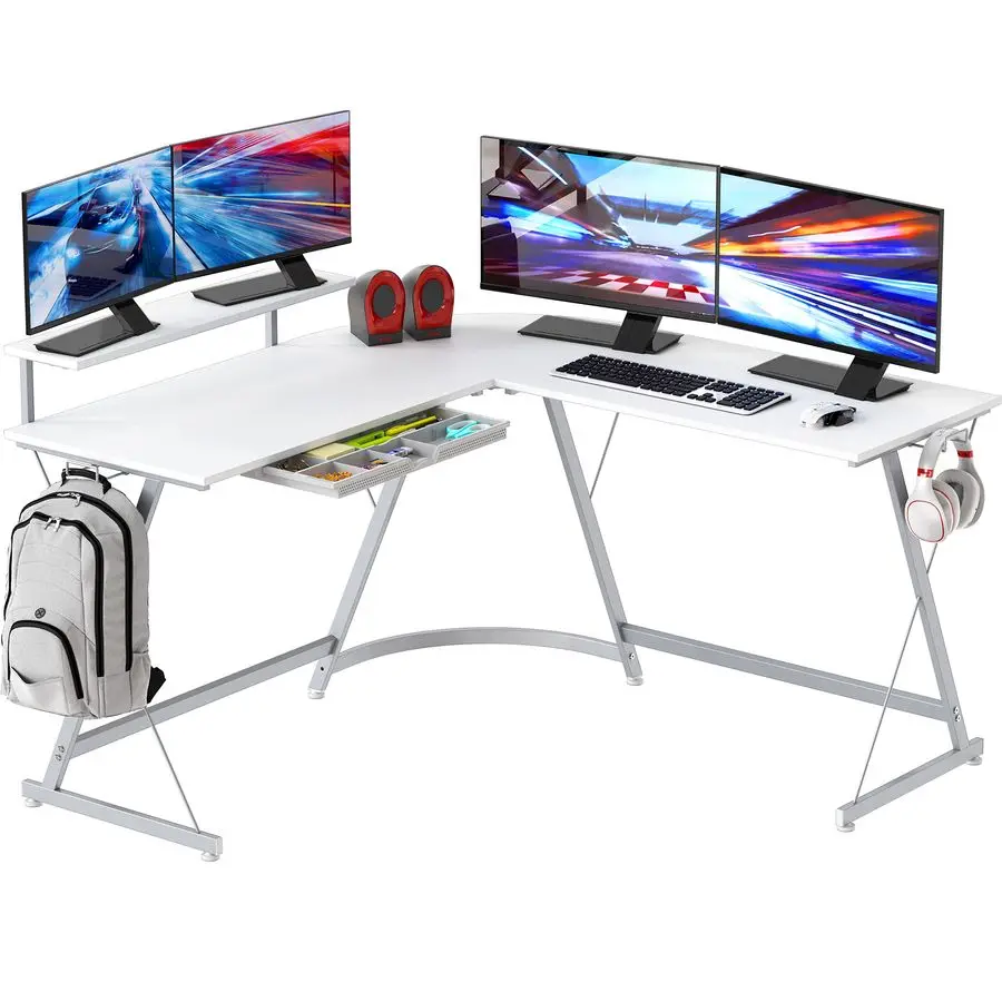 51 x 51 Inches Vista LShaped Desk with Monitor Stand and Drawer, White