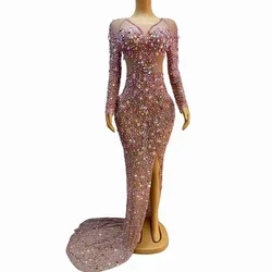 Sexy Stage Luxurious Pink Pearls Crystals Big Train Split Dress Evening Birthday Celebrate Party Dance Rhinestones Costume