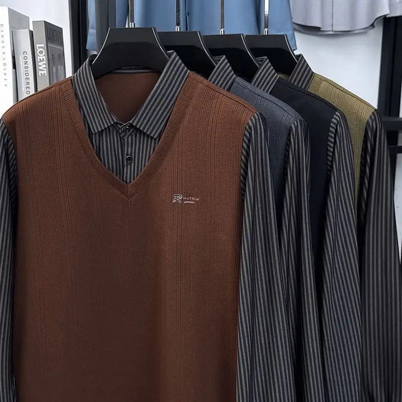 

Винтажный мужской свитер с воротником-поло, умный повседневный полосатый пуловер из двух предметов, утолщенный вязаный свитер, одежда
