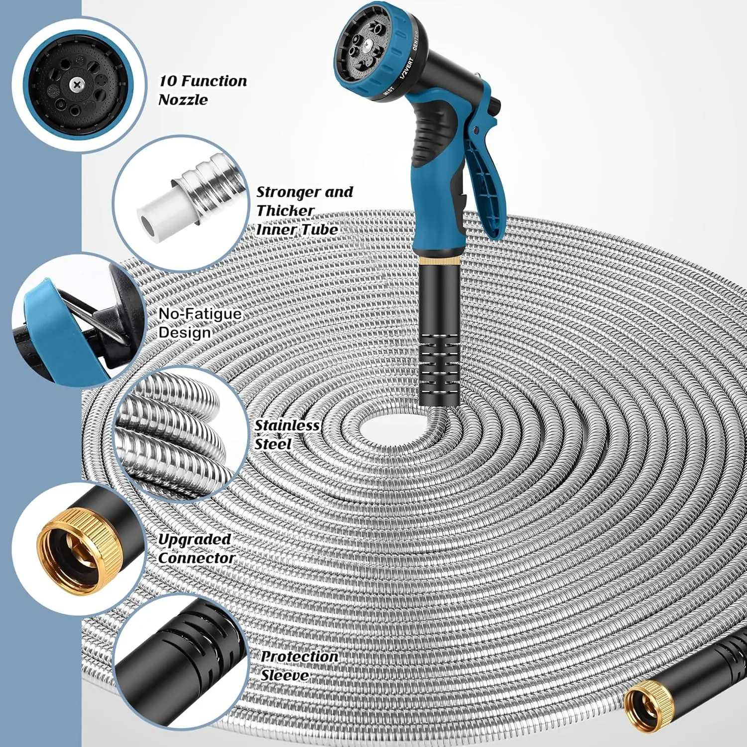 Garden Hose 100FT, Water Hose with 10 Function Nozzle, Garden Hose Metal with Leak-proof Connectors, No-Kink, Lightweight