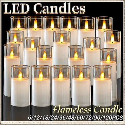 6-120PCS 웨딩 Led 양초 배터리와 인공 양초 저녁 식사를위한 가짜 Flameless 양초 야외 홈 장식 아크릴 컵
