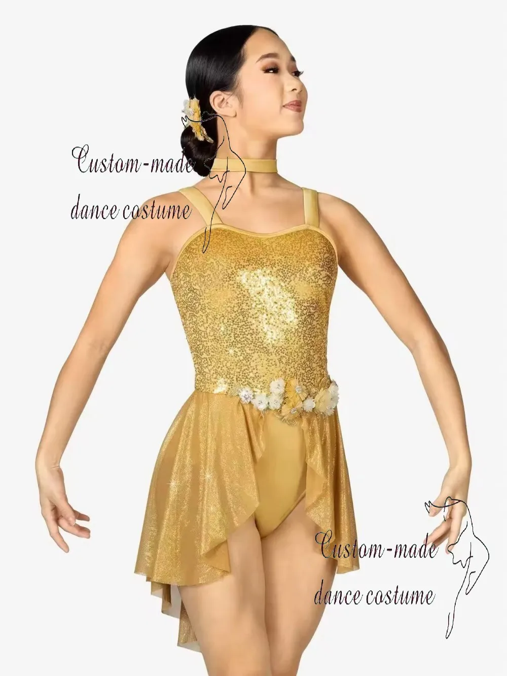 

Golden dance leotard with an open-back neckline, sequin details, floral embroidery at the waist, and an elegant asymmetrical