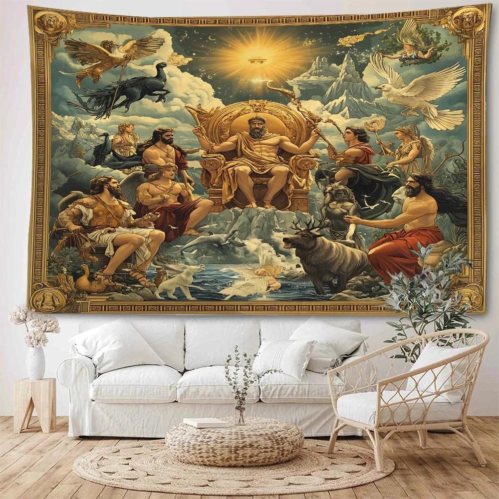 

Zeus Golden Throne Mythical Chariot Sun God Background Decorative Tapestry European Ancient Mythical Background Decorative Tapes