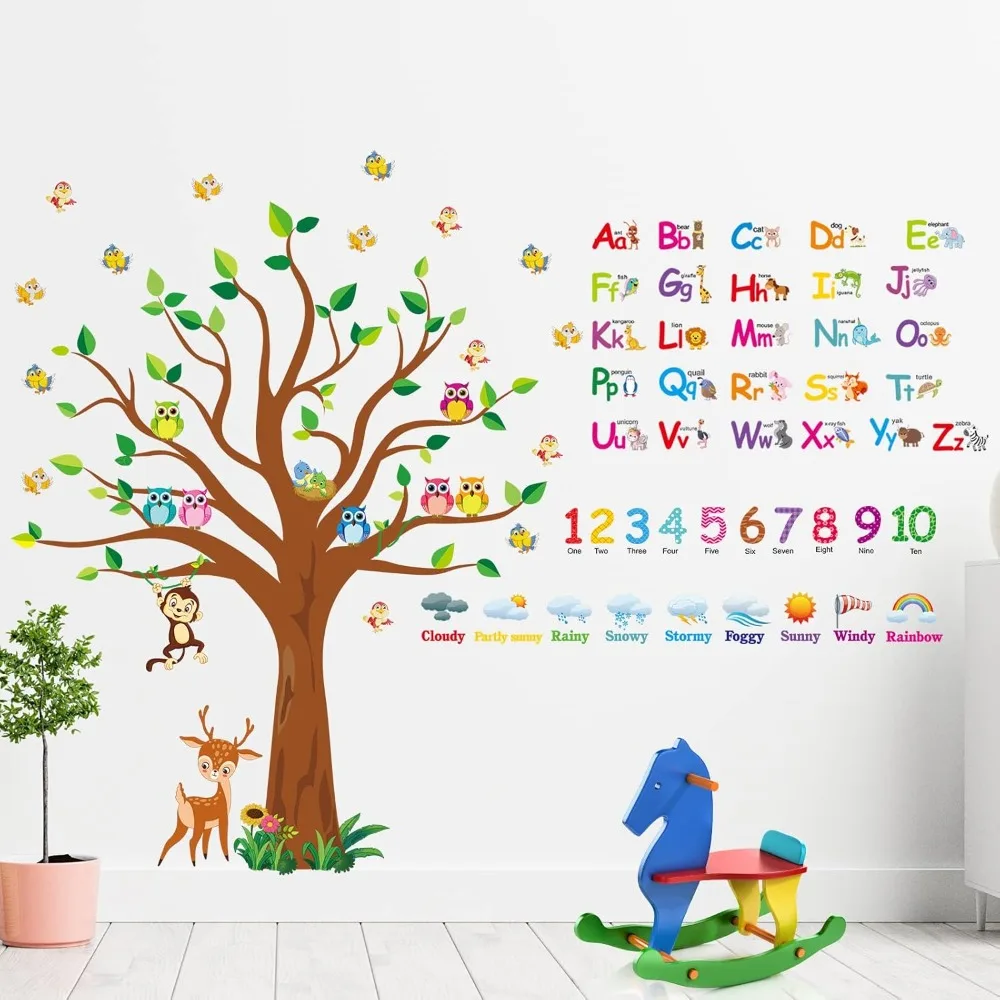 

4 Sheets Number Wall Decals Numbers Learning Children Wall Decals Alphabet ABC Weather Tree Stickers Animal Stickers for