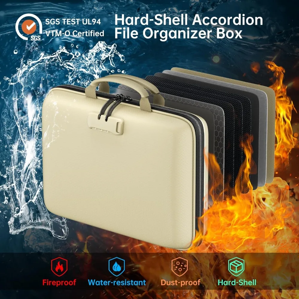 

Fireproof Document Box with Lock, Water-Resistant Hard-Shell Case, 13-Pocket Organizer for Home Office Travel Storage