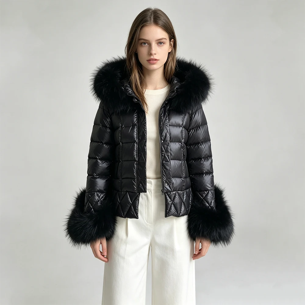 Jxwatcher Womem's Down Coat with Real Raccoon Fur Winter Warm White Duck Down Jacket Ladies Slim New In Outerwear Classic Black