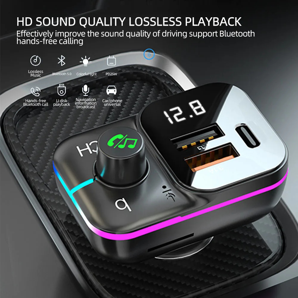 

Bluetooth 5.0 Car FM Transmitter Handsfree Audio Mp3 Player Adapter PD Fast Charge Type-C Fast Charger FM Modulator