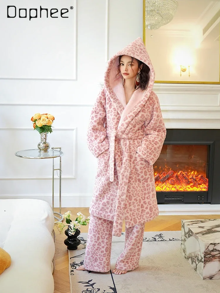 Pink Leopard Print Nightgown Sets Warm Velvet Hooded Lace Up Robes and Pants Two Pieces Set Bathrobe Home Clothing Winter