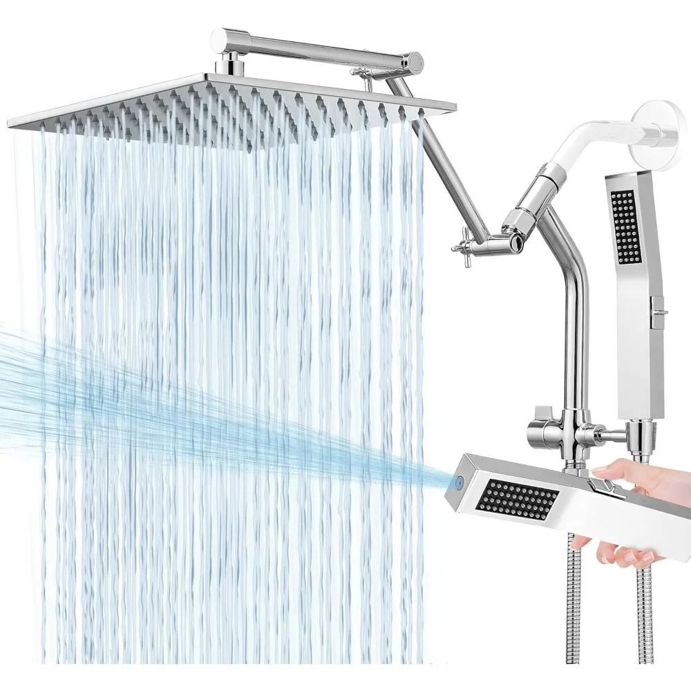 

10-Inch Metal Rain Shower Head with Integrated Handheld and Power Wash Mode, High-Pressure Square Shower Head