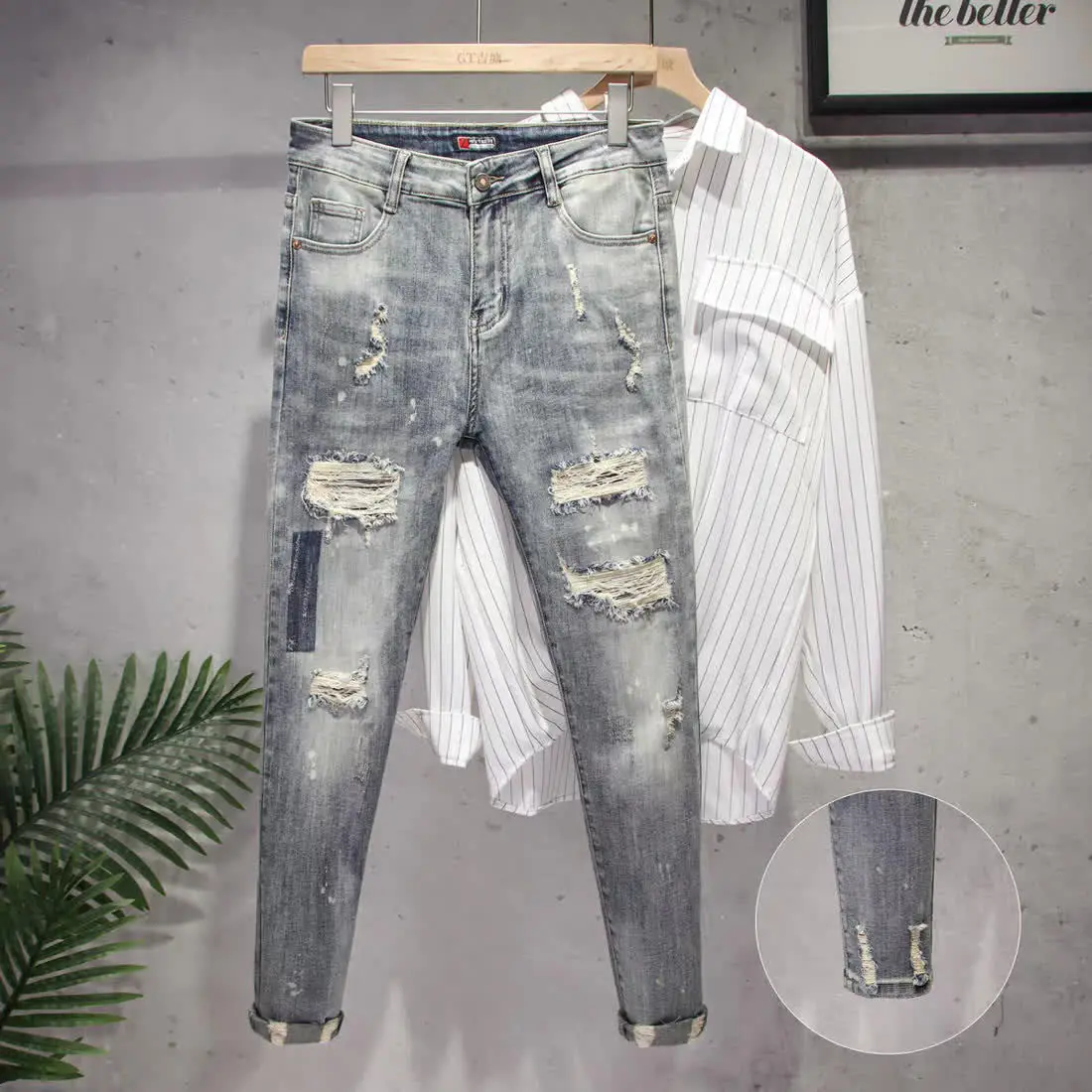 

Fashion Korean Style Clothes Cowboy Men's Slim Pencil Jeans Casual Denim Pants Holes Spring Autumn Blue Washed Length Jeans