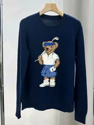 Sweater women's autumn and winter golf bear pattern dark blue pure cotton casual warm sportswear men's sweater unisex