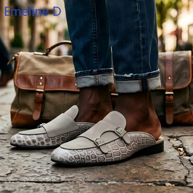 Almond Toe Loafer Mules Polished Gloss Patent Leather Dual Metal Buckle Straps Slip Sleek Low Heel Formal Versatile flat shoes ﻿