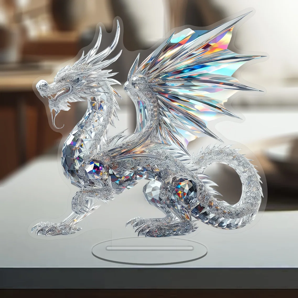 Acrylic White Crystal Dragon Statue 2D Flat Cool Figurine Home Office Cafe Room Studio Display Case Table Ornament Decor Gift view 5