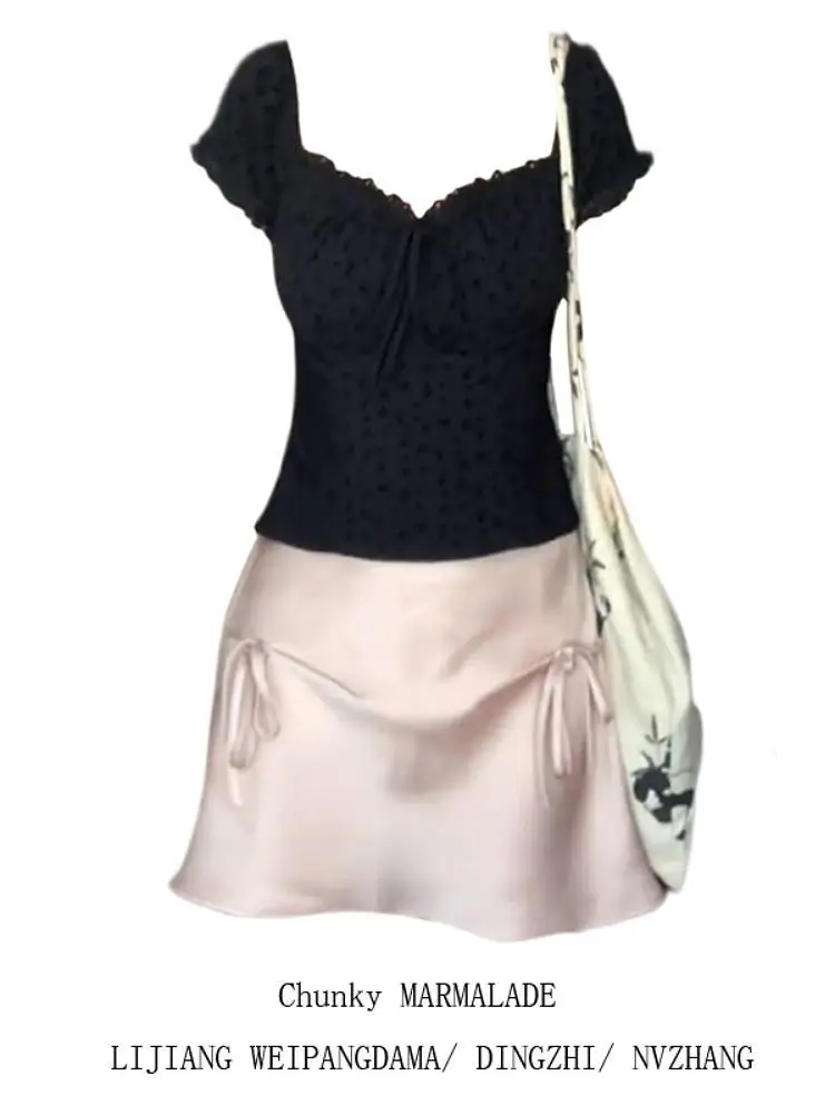 

plus Size Women's Summer Slimming Floral Embroidery Top And Pink Skirt Two-Piece Set Ele Faionable And Pure Desirable