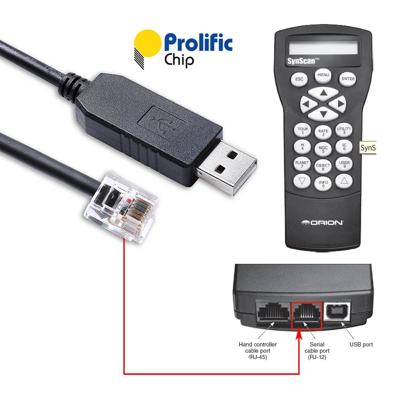 

Orion Synscan Goto Hand Control PC Link Cable Prolific PL2303 USB RS232 to RJ12 6P6C for Connecting PC and HC Firmware Updating