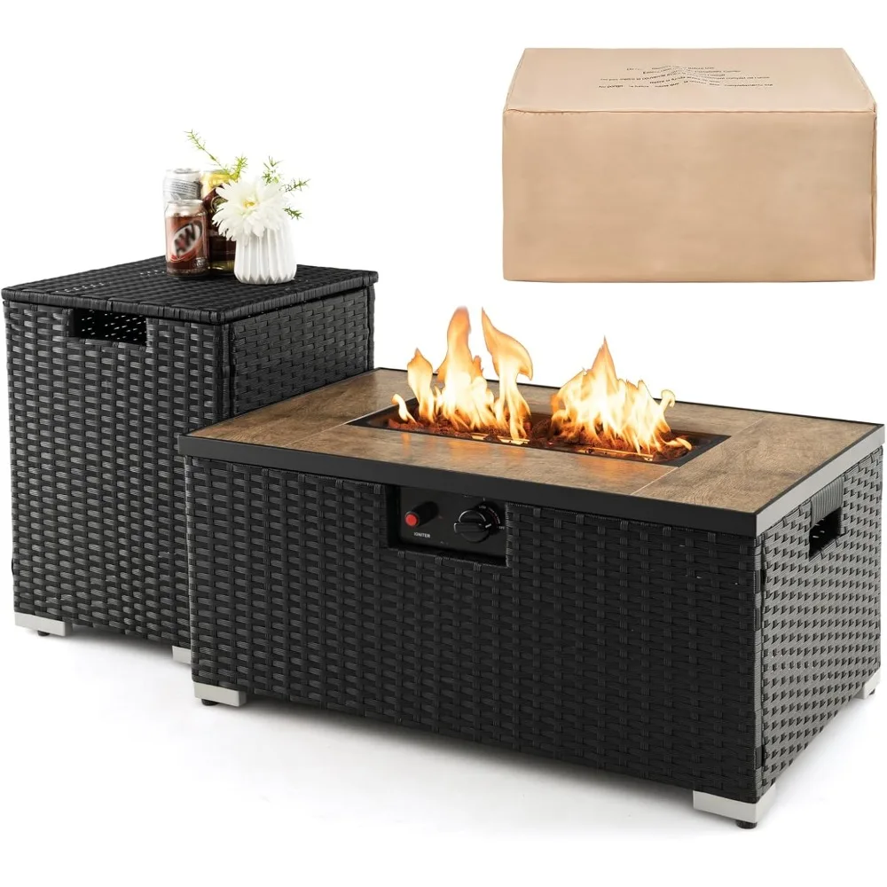 2 Piece Outdoor Propane Fire Pit Table Set with Hideaway Propane Tank Holder, 40,000 BTU Rattan  Fire Pit Table with Lava Rocks