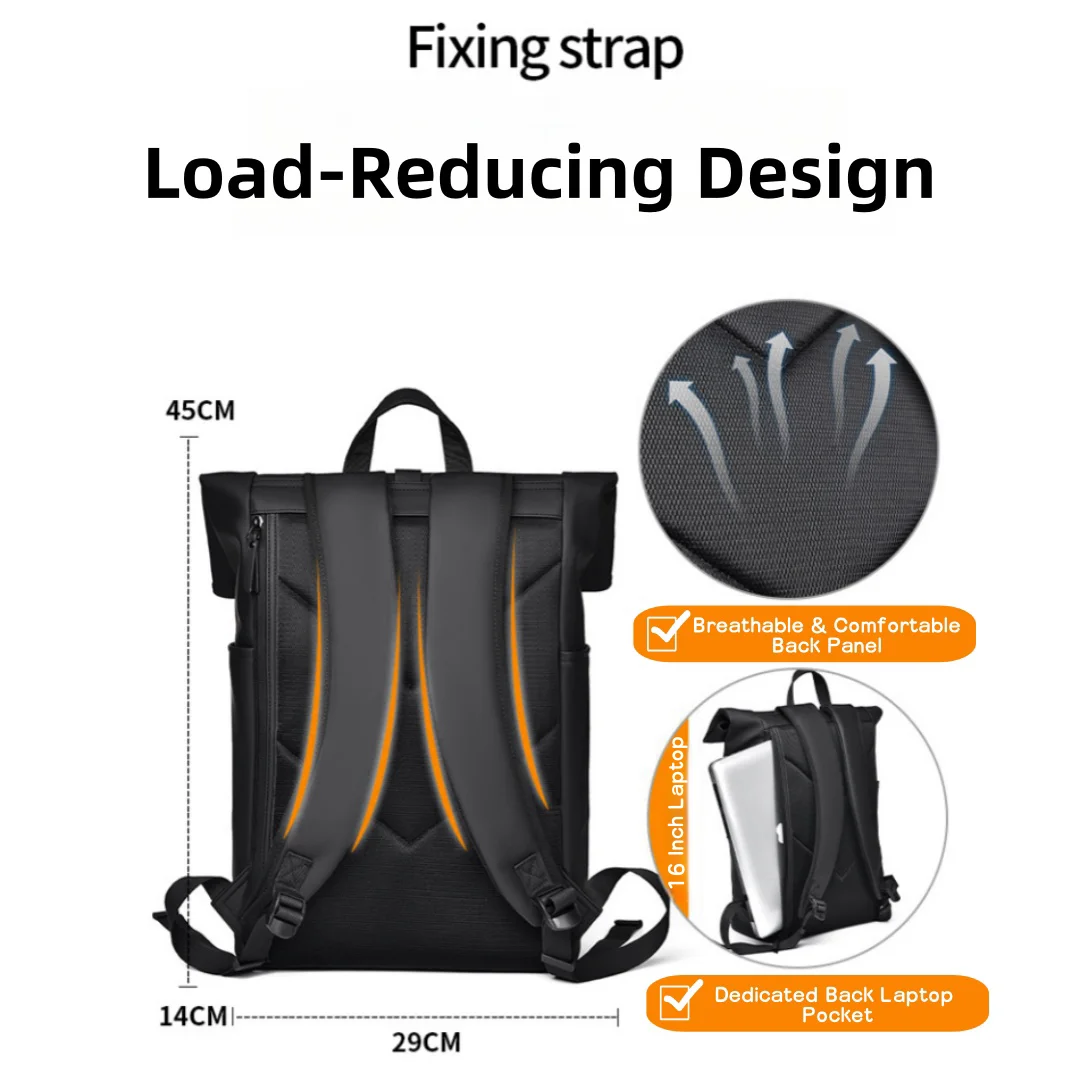 Waterproof 15.6 Inch Laptop Backpack for Men Women, Reflective Night Travel Bag, Large Capacity Roll Top Commuter School Bag