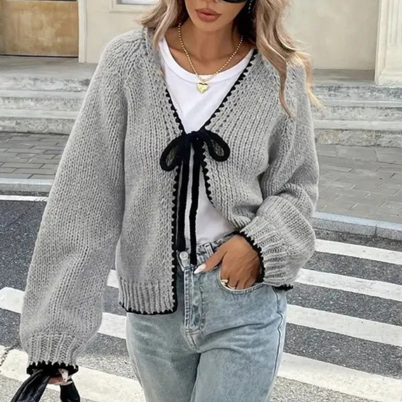 

Women's New Autumn and Winter Sweater, Loose Long Sleeved Knitted Sweater Bow Tie Tied Cardigan Jacket Women's Top