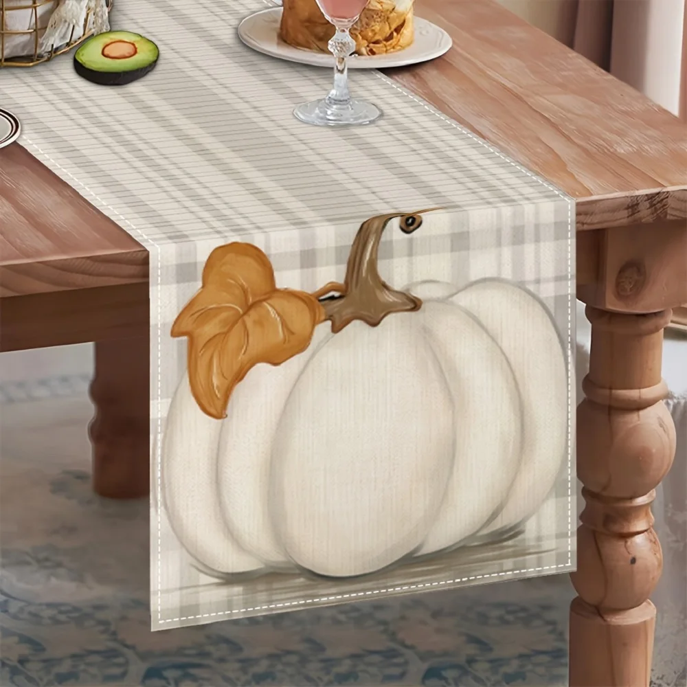 1 Piece of Autumn Plaid Pumpkin Table Runner, Light Gray Plaid White Pumpkin, Brown Leaf, Suitable for Restaurant, Home, Harvest Party