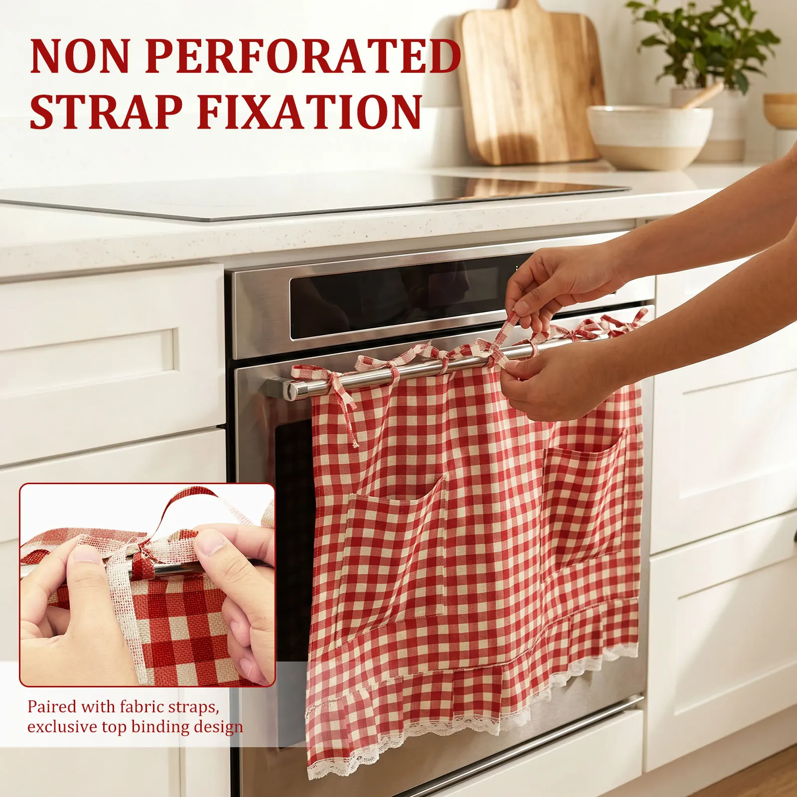 Checkered Oven Skirt Curtain Decorative Linen Kitchen Dishwasher Hidden Curtain with Pocket and Lace Trim Stove Cover Skirt Tie
