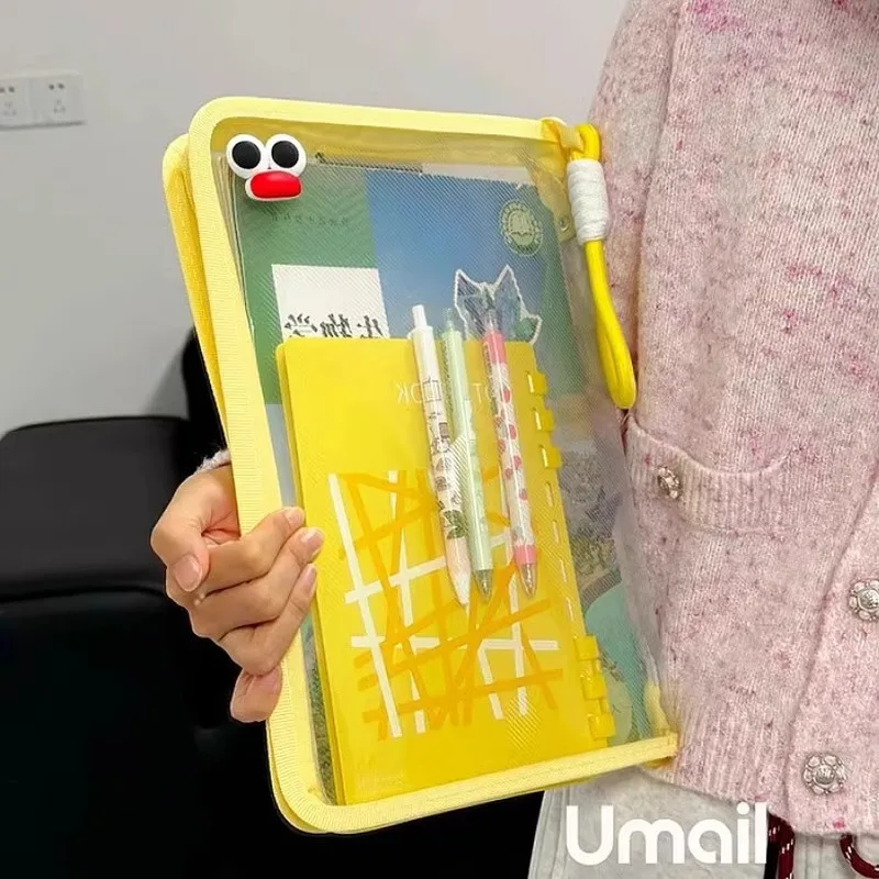 Macaron Transparent Large Capacity A4 File Bag Student Handheld Thickened Waterproof Storage Bag For Textbook Zipper Style