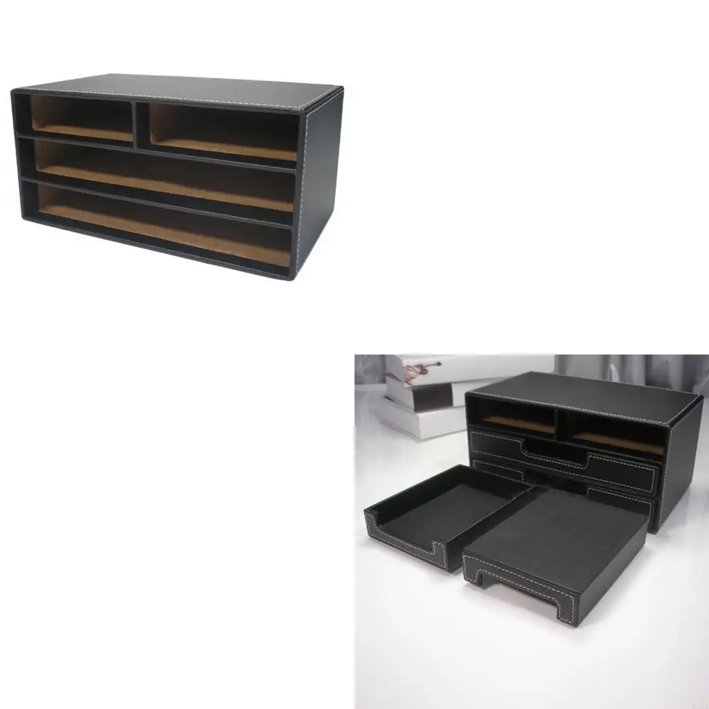 

LXAA File 4 Drawers Stationery Storage Box PU Leather Desk Bills Collection Holder For Office Home Use