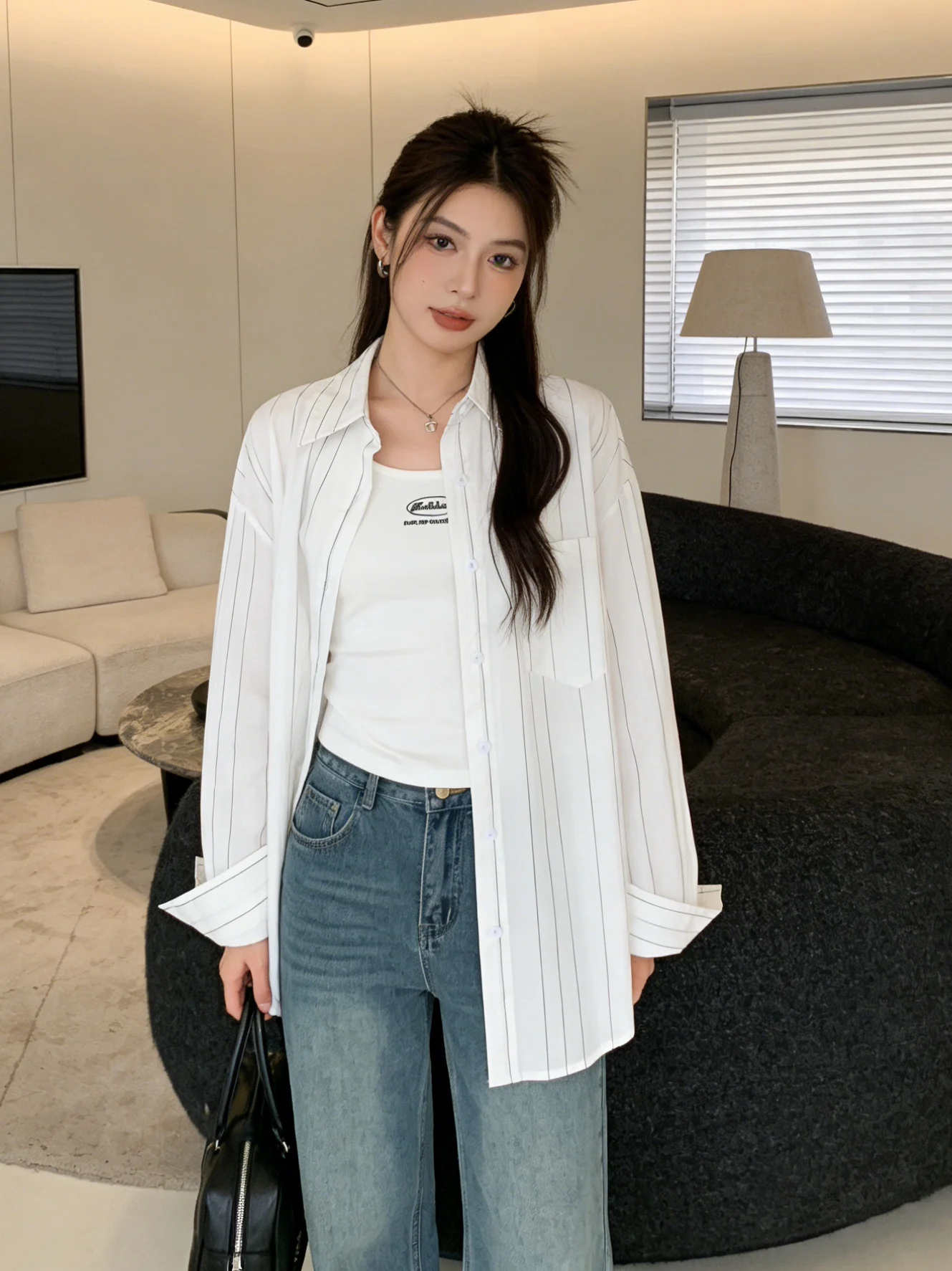 

Корейский повседневный комплект из двух предметов: синяя полосатая солнцезащитная рубашка и жилет для женщин, весенне-летний модный наряд, универсальный крой