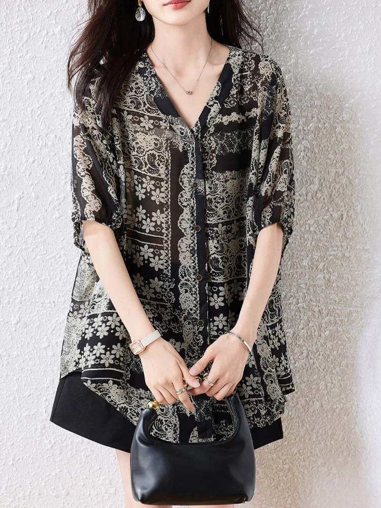 

​ Женская винтажная летняя свободная блузка с коротким рукавом и цветочным принтом, скрывающая недостатки фигуры, стильная повседневная рубашка 2026 ​