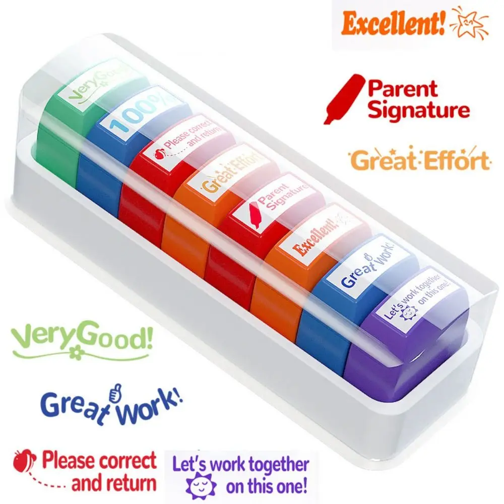 8 pcs/set 5 pcs/set Teachers Encourage Graded Classroom Stamps Efficient ABS Teacher Auto-Refilling Stamp Set With Storage Tray