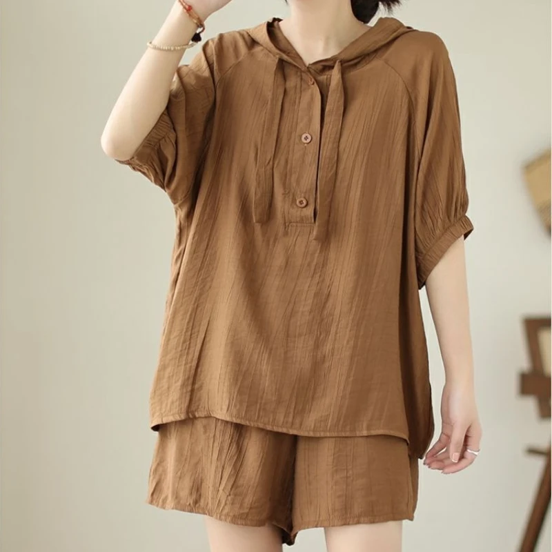 Women Summer Two Piece Set Loose Fit Hooded Short Sleeve Top Shorts Slimming Cover Belly Trendy