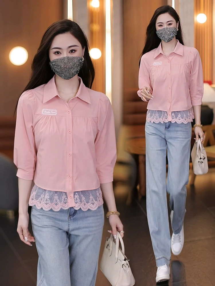 

Повседневная женская кружевная отделка с кружевной отделкой премиум-класса, весенний новый универсальный воротник свободного покроя на пуговицах