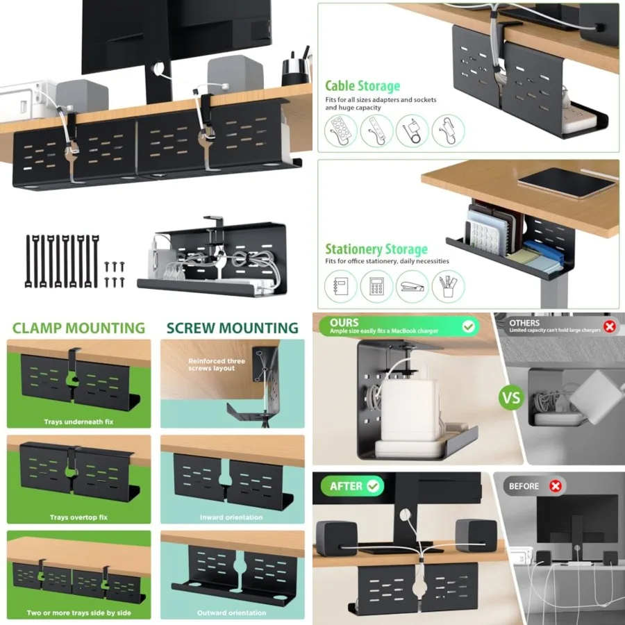 

16" Under Desk Cable Management Tray, No Drill Clamp Mount, Desk Cord Organizer Upgrade Capacity, Cord Management Tray for Home