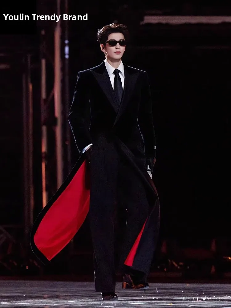 

Zhang Linghe Red Woolen Men's Coat Long Pad oulder Autumn Winter Briti Sle Casual Faion Windbreaker Youth Warmth Oute...