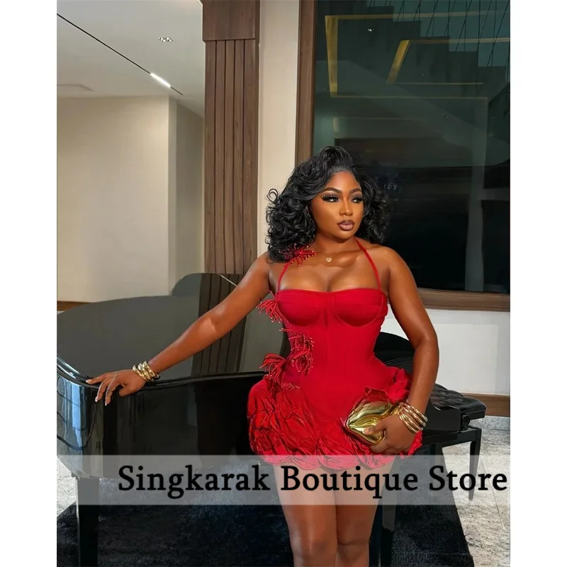 

Красные платья на день рождения Baddie Черная девушка с бретелькой на шее Мини-платья для выпускного вечера Милая с оборками Свадебное платье по индивидуальному заказу