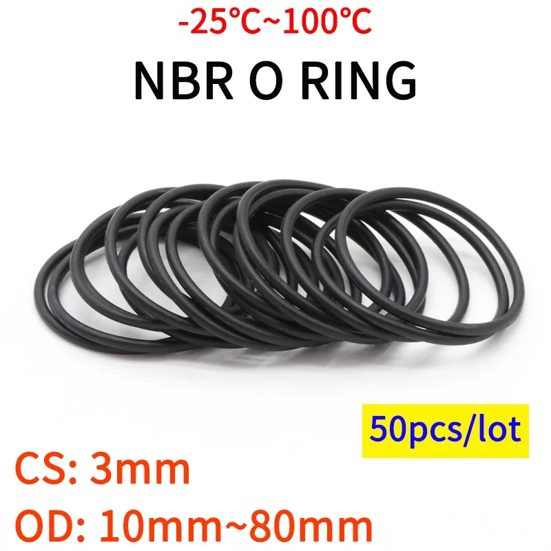 10/50pcs NBR O Ring Seal Gasket Thickness CS 3mm OD 10~80mm Nitrile Butadiene Rubber Spacer Oil Resistance Washer Round Shape