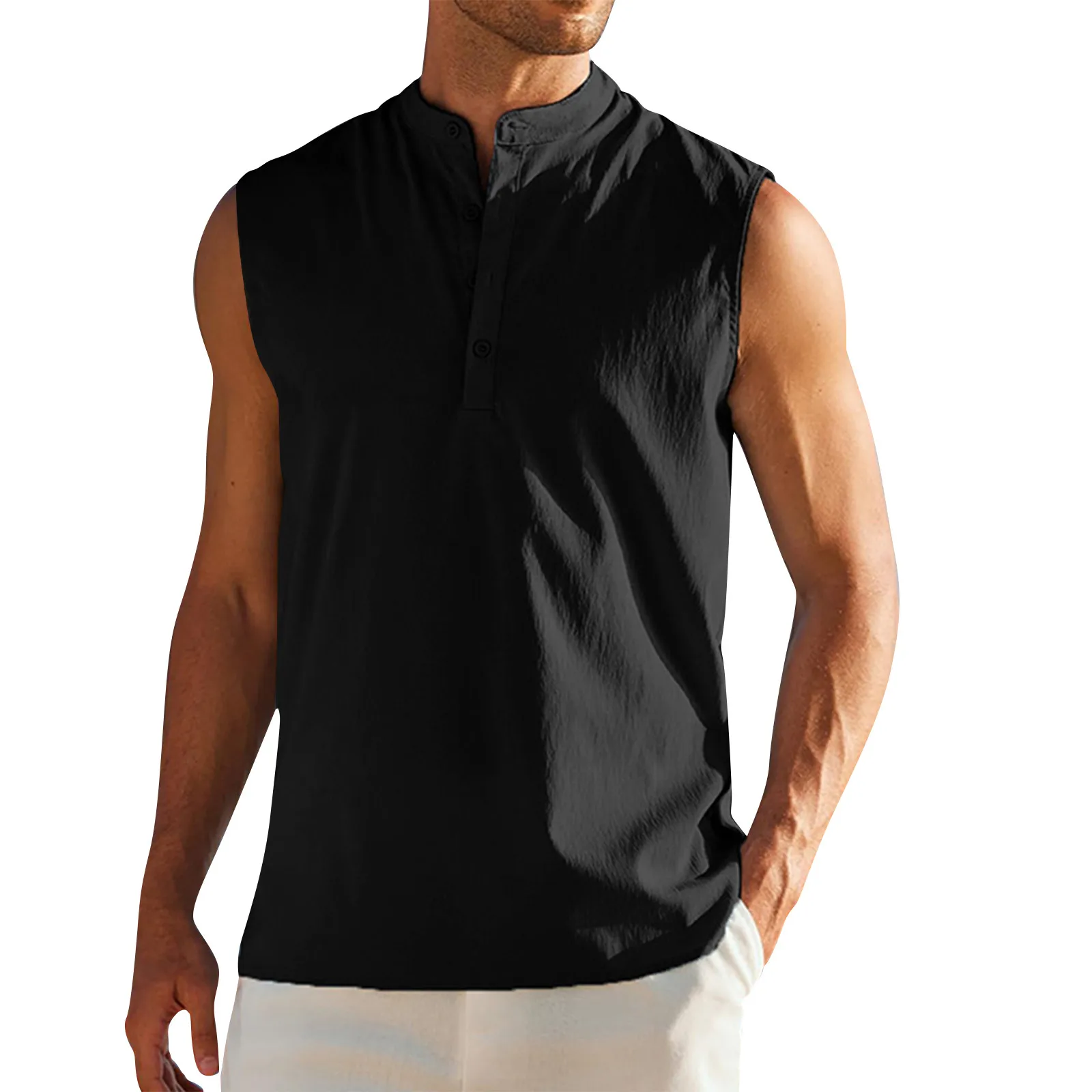 Colete esportivo sem mangas dos homens semi-aberto com botões, camisa de assentamento sólido, tops casuais ao ar livre, todo o jogo, novo