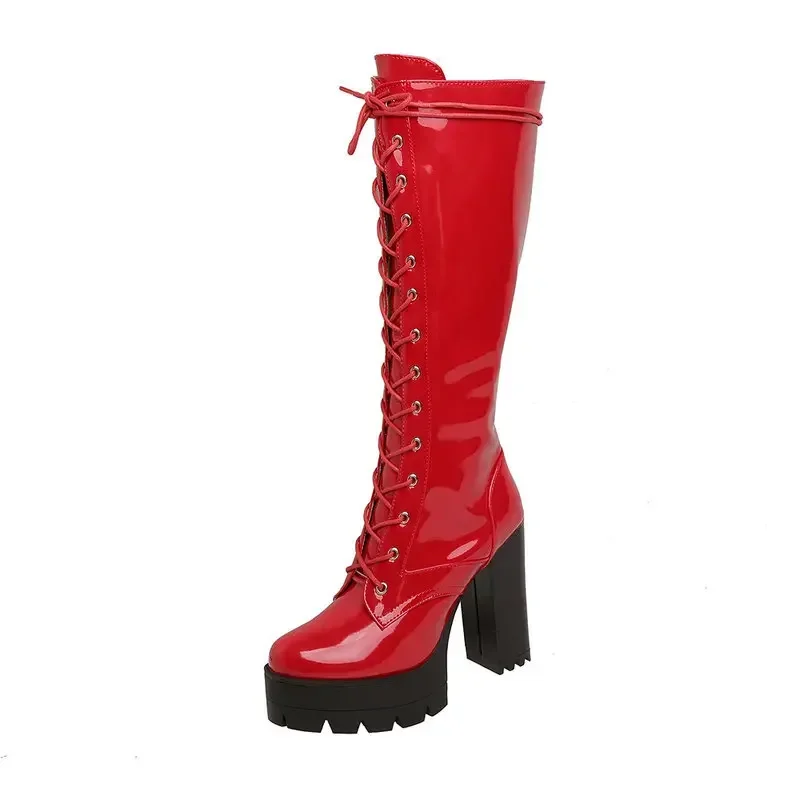 

Round-toe Lace-up Women's Patent Leather Knight Boot Knee-length Waterproof Platform Thick-heeled High-heeled Women's Sexy Boots