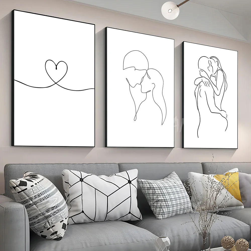 1pc Black White Couple Line Wall Art Canvas Painting Line Drawing Hand Love Kiss Poster Stickers Art Wall Murals Decor Game