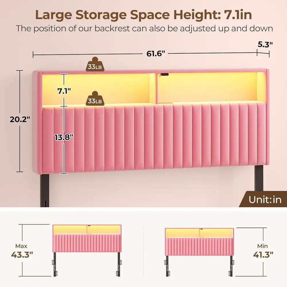 سرير كوين منجد مخملي DIY من DAFIFY مع مساحة تخزين، منافذ USB ونوع C، 60,000 لون LED، ارتفاع قابل للتعديل، سهل التجميع، P