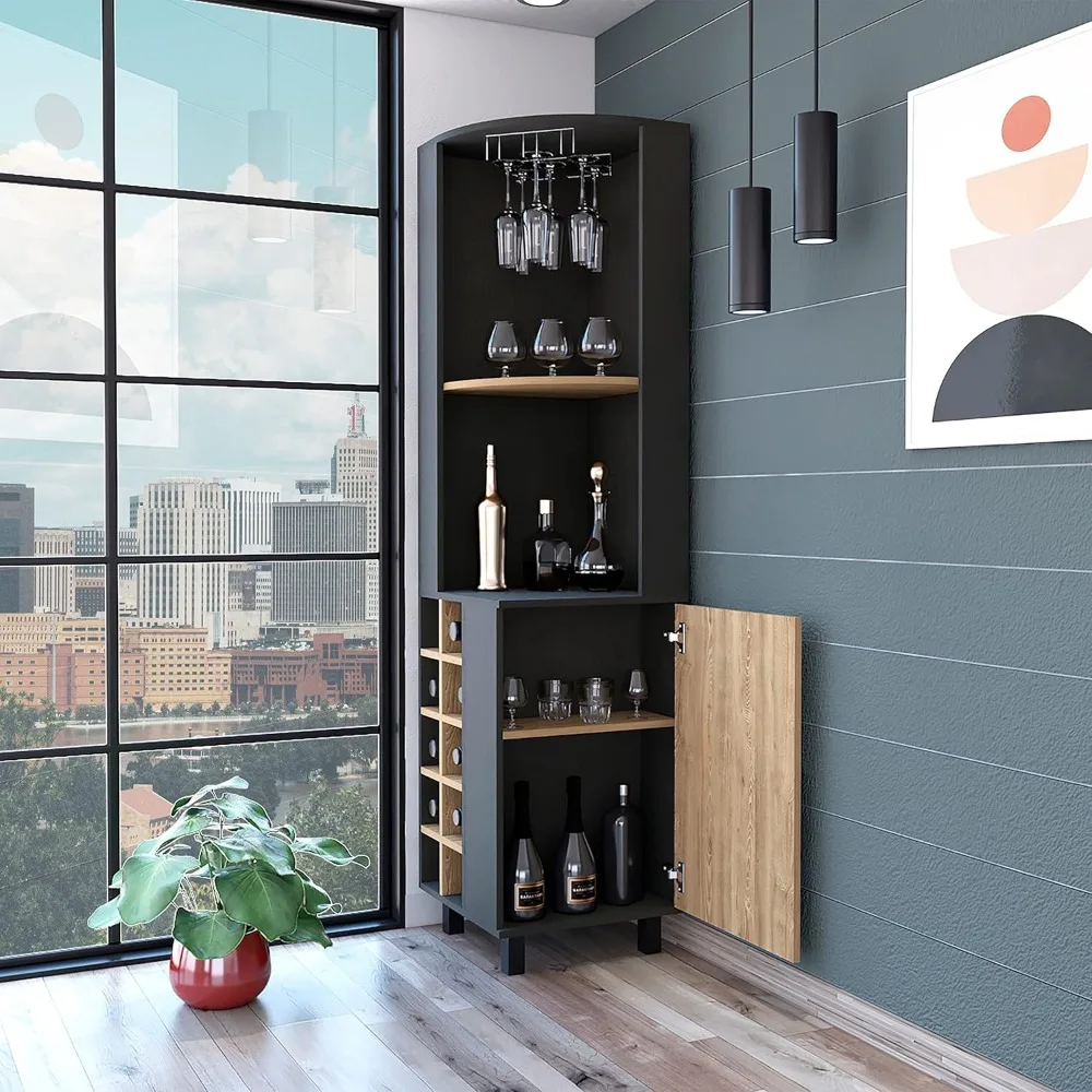 Bar Cabinet with Open Shelves, Inner Shelves, Glass Rack, and Wine Cubbies, Black/Pine
