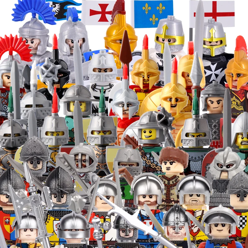 Medieval Castle Teuton Knight Figures Building Blocks Army Military Soldier Guard  Spartan Warrior Helmet Weapons Bricks Toy Boy