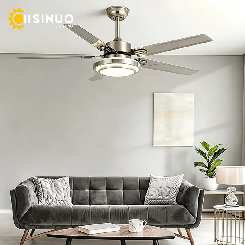 42/48/52 Zoll Satin-Nickel Deckenventilator mit Licht 72W 3-Farben Dimmbarer LED DC-Motor 6-Gang Innenventilator mit Beleuchtung für Wohnzimmer