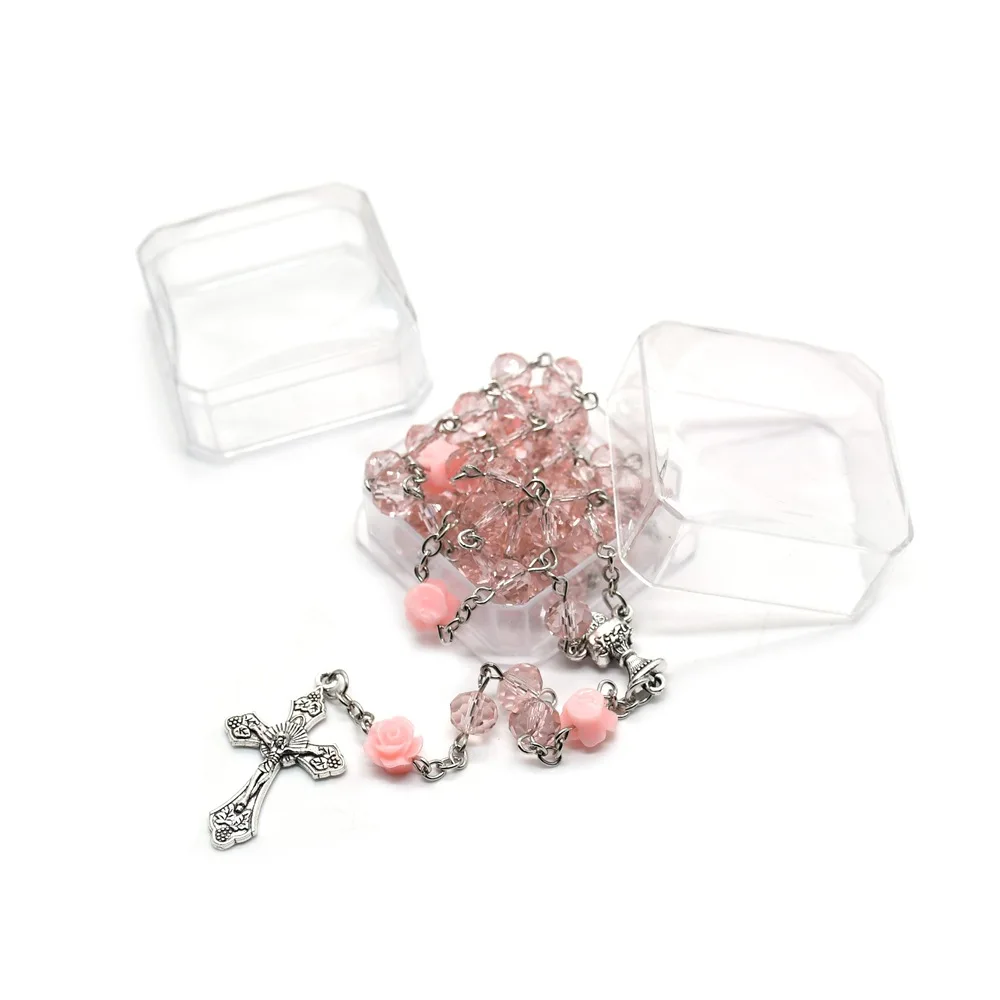 6*8mm Pink Rose Crystal Rosary Cross Pendant Necklace Catholic Jesus Christ Church Prayer Religious Jewelry Accessories Gift