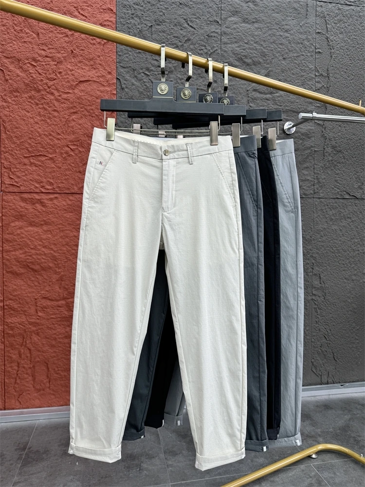 

Pampa& Men's Slim Fit Casual Pants Breathable Comfortable Summer Faion Pure Color Nine Points Cone ape Lightweight Luxury