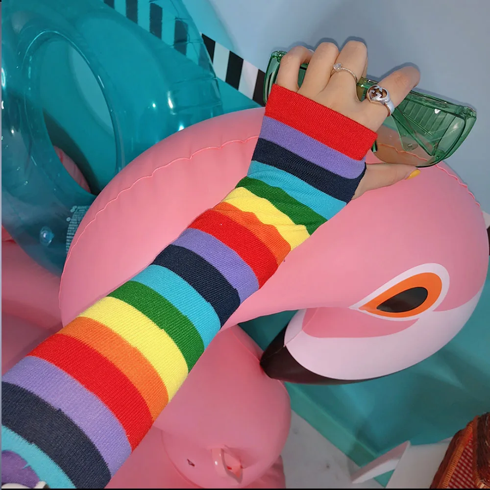 Y2K Lolita kadın kızlar çizgili eldiven isıtıcı örme uzun çizgili parmaksız JK eldiven dirsek eldivenler parti Lolita aksesuarları