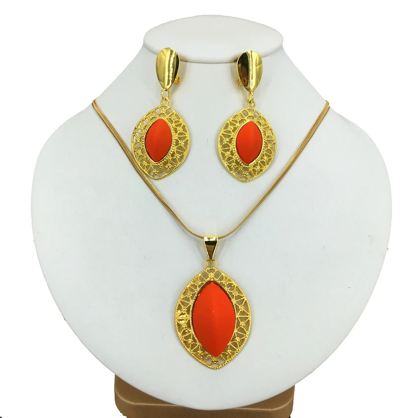 Nigeria Women Trendy Quality Colorful Gold Plated Earrings Big Pendant Necklace For Girls Party Daily Jewelry Gifts FHK14970