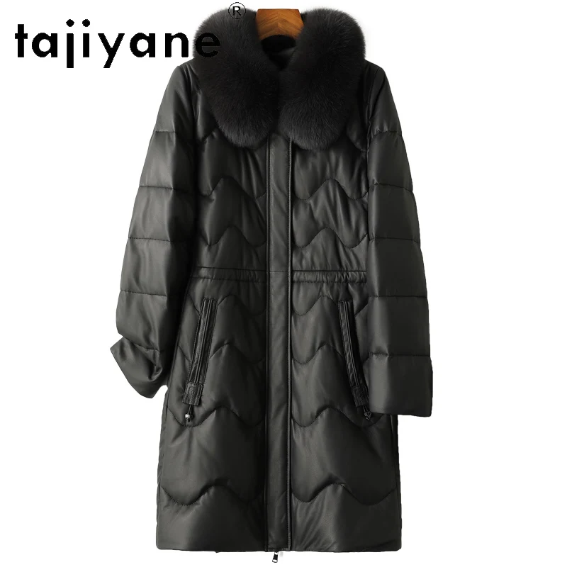 TAJIYANE 100% 최고급 양가죽 다운 코트 겨울 중간 길이 블랙 리얼 가죽 패딩 재킷 여성용 폭스 퍼 칼라 2025